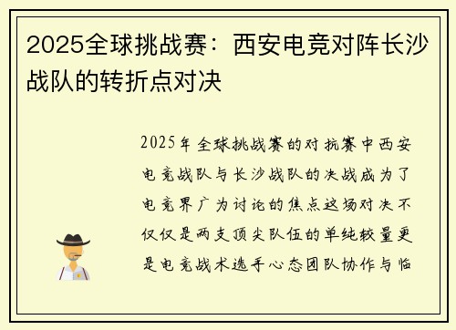2025全球挑战赛：西安电竞对阵长沙战队的转折点对决