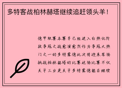 多特客战柏林赫塔继续追赶领头羊！